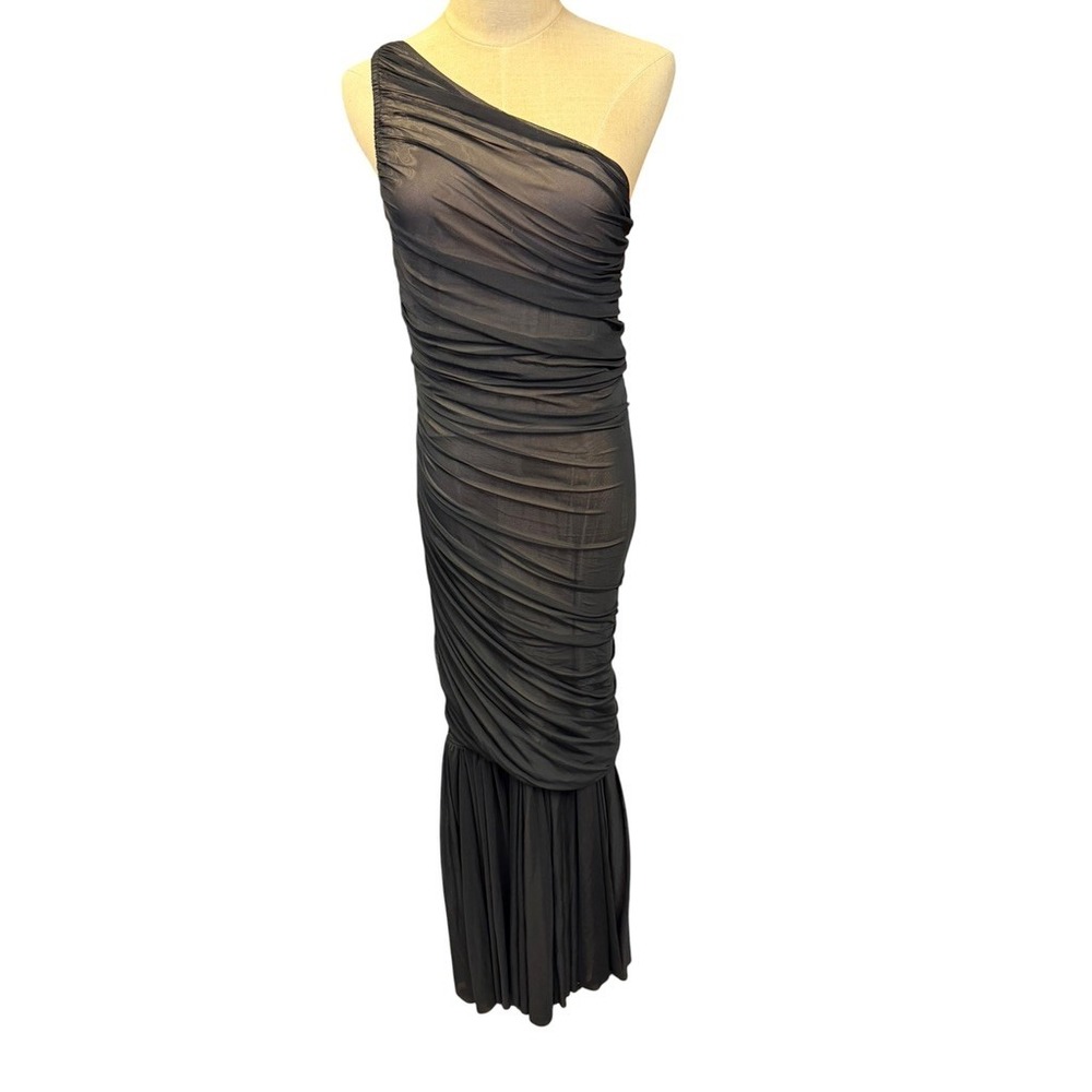 VICI Black One Shoulder Ruched Mesh Mermaid Maxi Dress Formal Evening XL NWT! - Picture 2 of 15